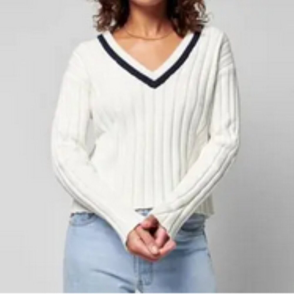 Faherty Sporty Tennis Sweater - Relaxed V-Neck Cotton/Cashmere Blend - XL